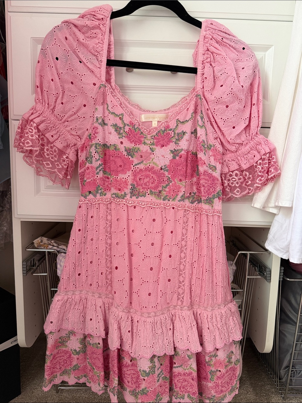 LoveShackFancy Pink Floral Eyelet Mini Dress